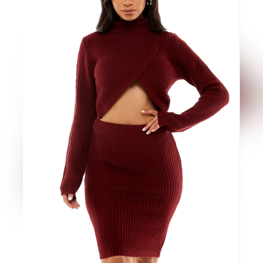 🆕ALMOST FAMOUS Maroon Knit Fitted Asymmetric Crop & Pull-on Skirt Set Sz S